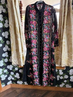 New Embroidered Black Maxi Dress with Pink Floral Accents